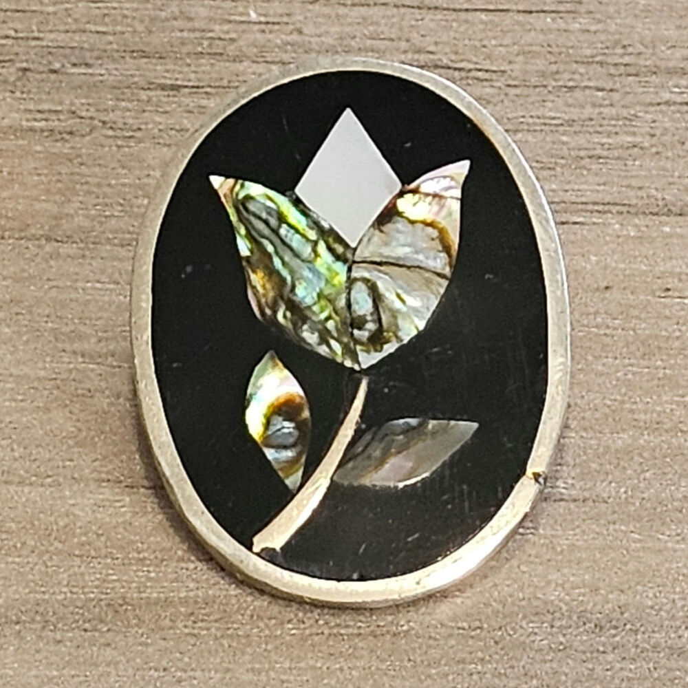 Vintage Alpaca Silver Inlaid Abalone Flower Brooch with Pendant Option